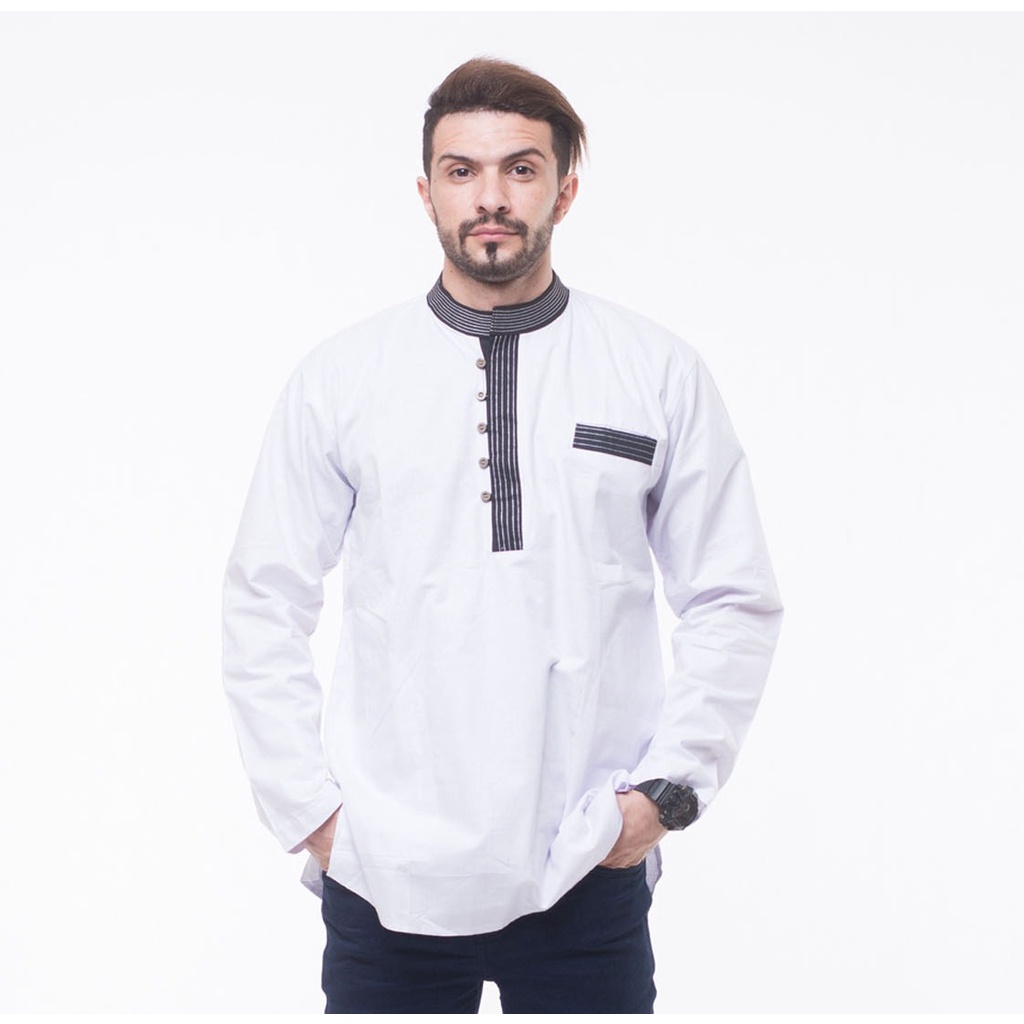 PRIA PUTIH Latahzan White Koko Shirt Men Buttoned Long Sleeve Cotton Material Premium Prayer Clothing Eid