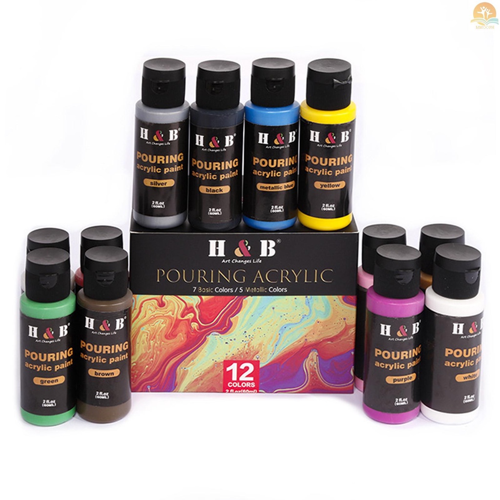 [MMOP] H&B 12 Colors Pouring Acrylic Paint Set 60ml/2 fl.oz Each Bottle Non Toxic Art Paints Supplies for Children Students Beginners Adults Artist Painter Painting on Canvas Paper