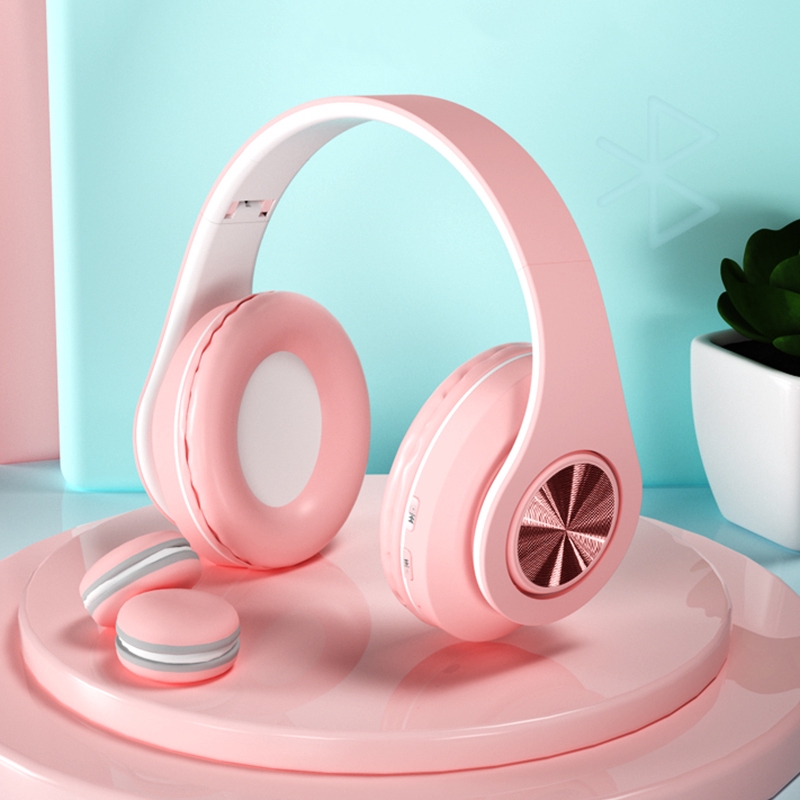 pink bluetooth headphones with mic