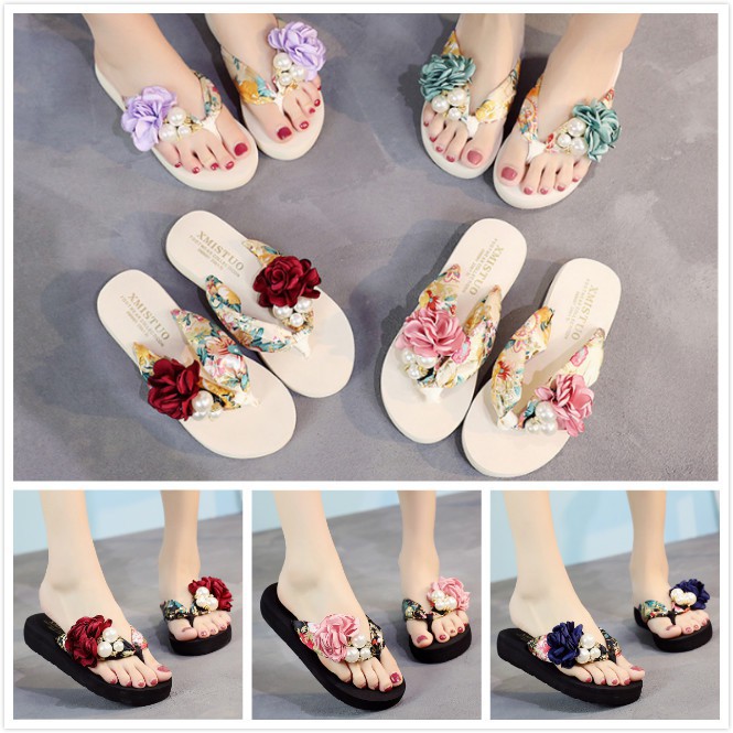 Women Summer Bohemia Floral Beach Flip Flops Fashion Casual Pearl Flat Slippers Shopee Philippines