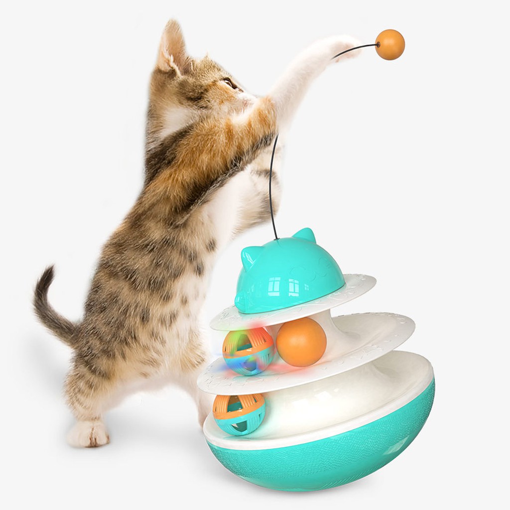LOQUAT Cat Toy Turntable,Interactive Puzzle Training Turntable Windmill Ball,Built-in Rotating Red and Blue LED Lights,Scratching Tickle Tool Strong Cup Base,Can be Used in Any Place Where Cats Play 