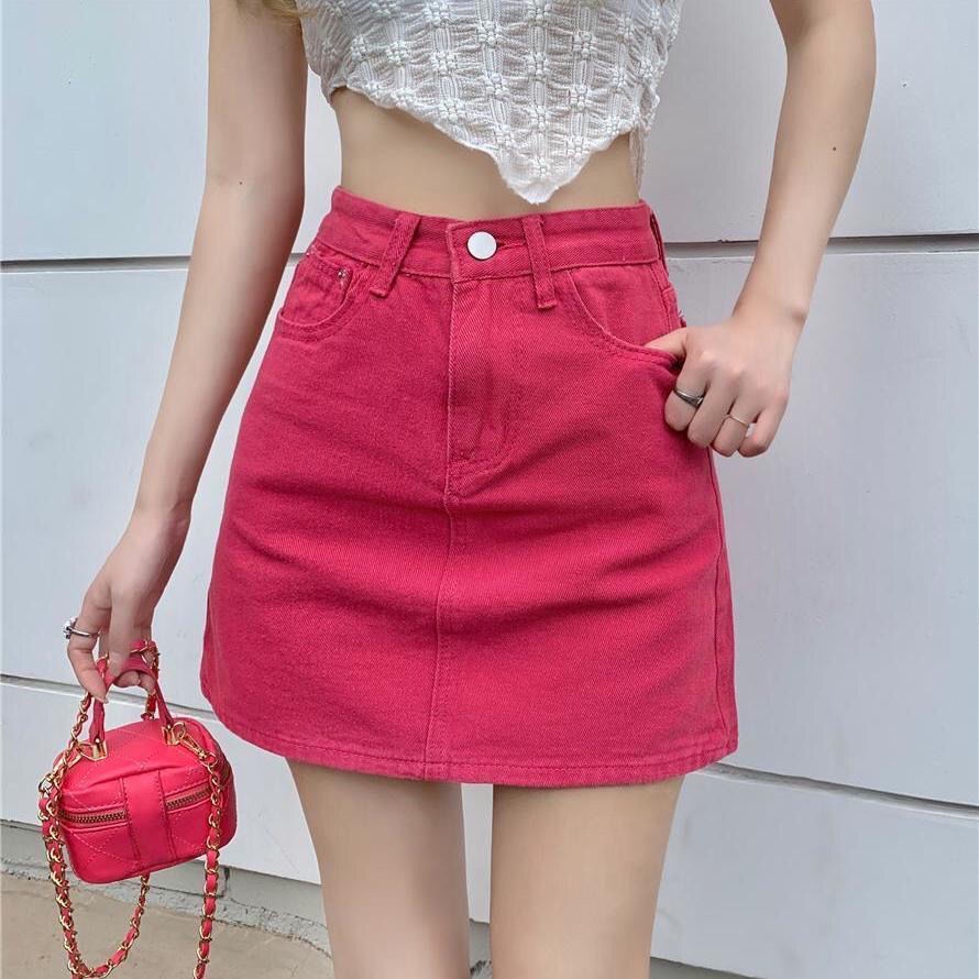 Skirt Rose Red Skirt Womens New Summer Mini Skirt High Waist Hip Wrap Skirt Denim Skirt