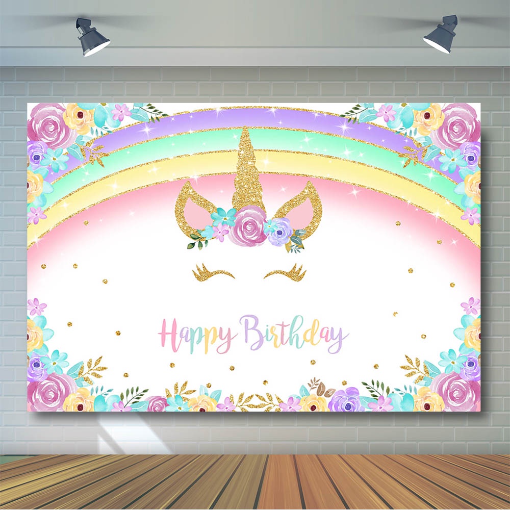 Rainbow Unicorn Birthday Backdrop Gold Glitter Unicorn Floral Party  Decoration Background Party Bann | Shopee Philippines