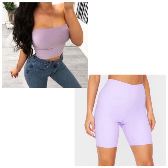 tube top and biker shorts