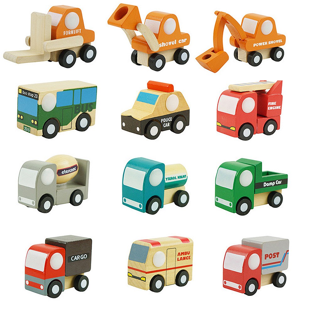 12 Pcs Assembly Wooden Disassembly Cartoon Car Kids Child Toys Mini Car ...