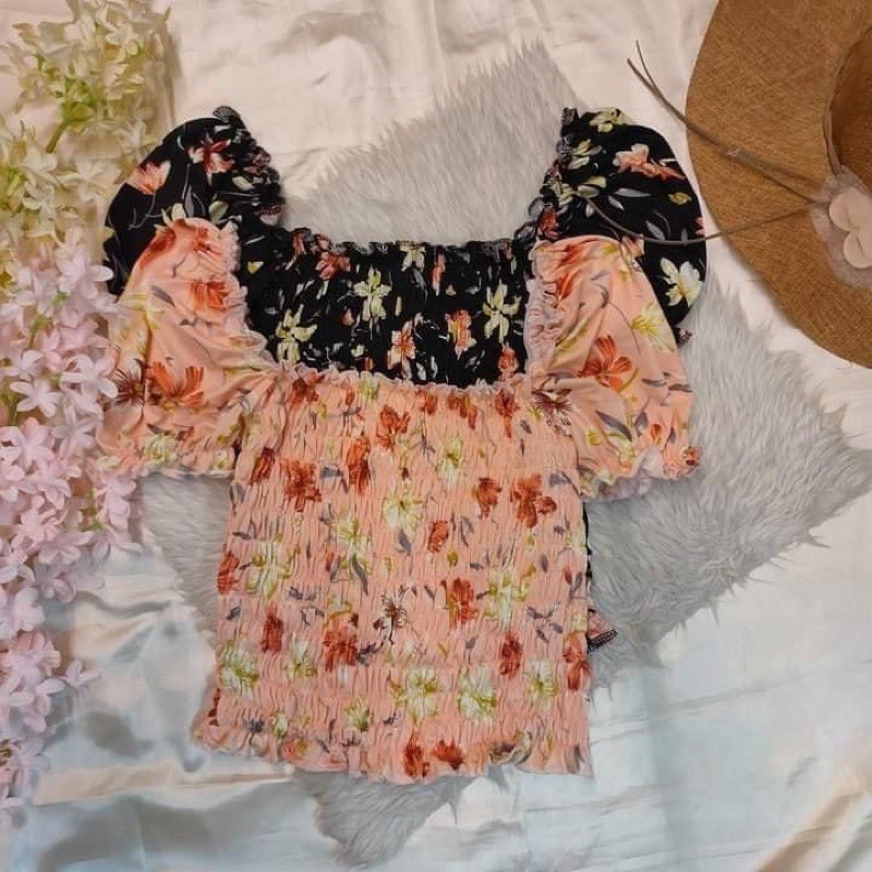 shein floral smocked puff sleeves