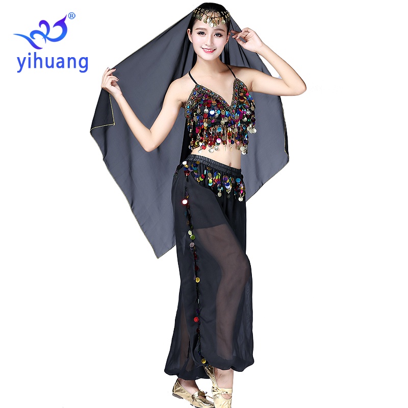 Sexy Chiffon Belly Dancing Costumes Dance Performance Wear Outfits Halloween Csotume Sequin Set