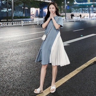 Patchwork Fashion Pregnant Dresses Round Neck Short Sleeve Loose Korean Maternity Clothes Slim Sweet Pregnancy Wear