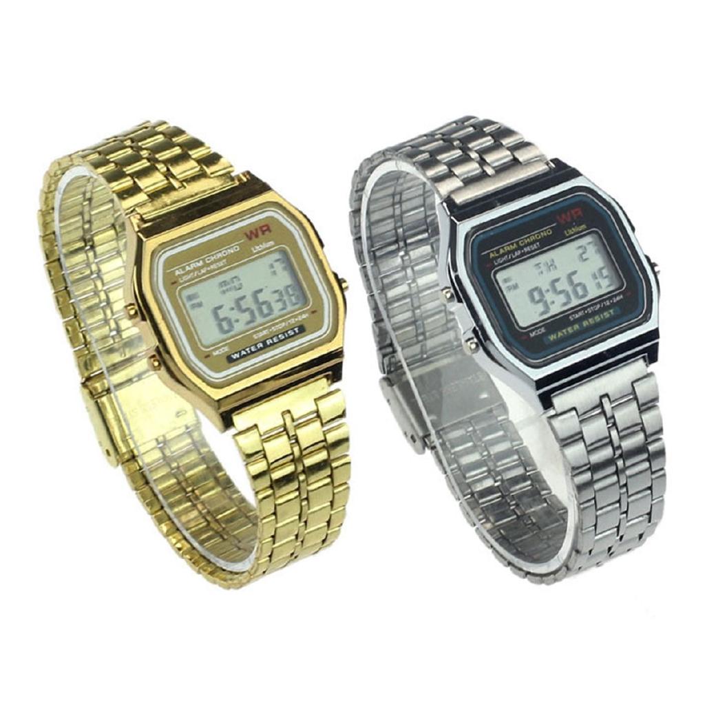 digital watch with metal band