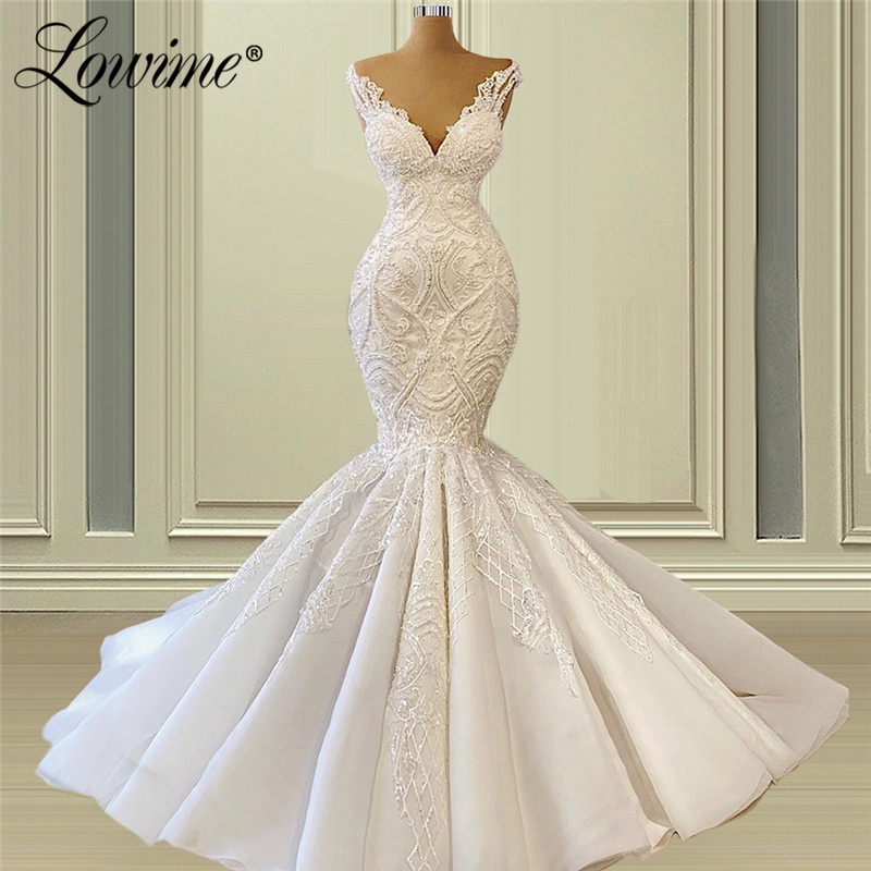 Lowime V Neck Beaded Mermaid Wedding Dresses Applique Bridal Gown For ...