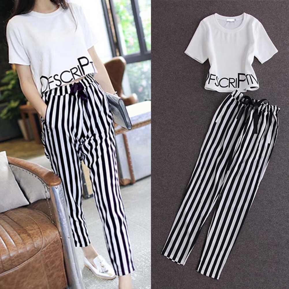 cotton blouse short sleeve tops and loose pants harem pants Women summer set Summer cotton and linen plaid pants set