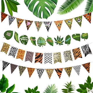 Jungle Safari Birthday Party Decorations Banner Flags Animal Stripes Decor Wild One Leaf Triangle