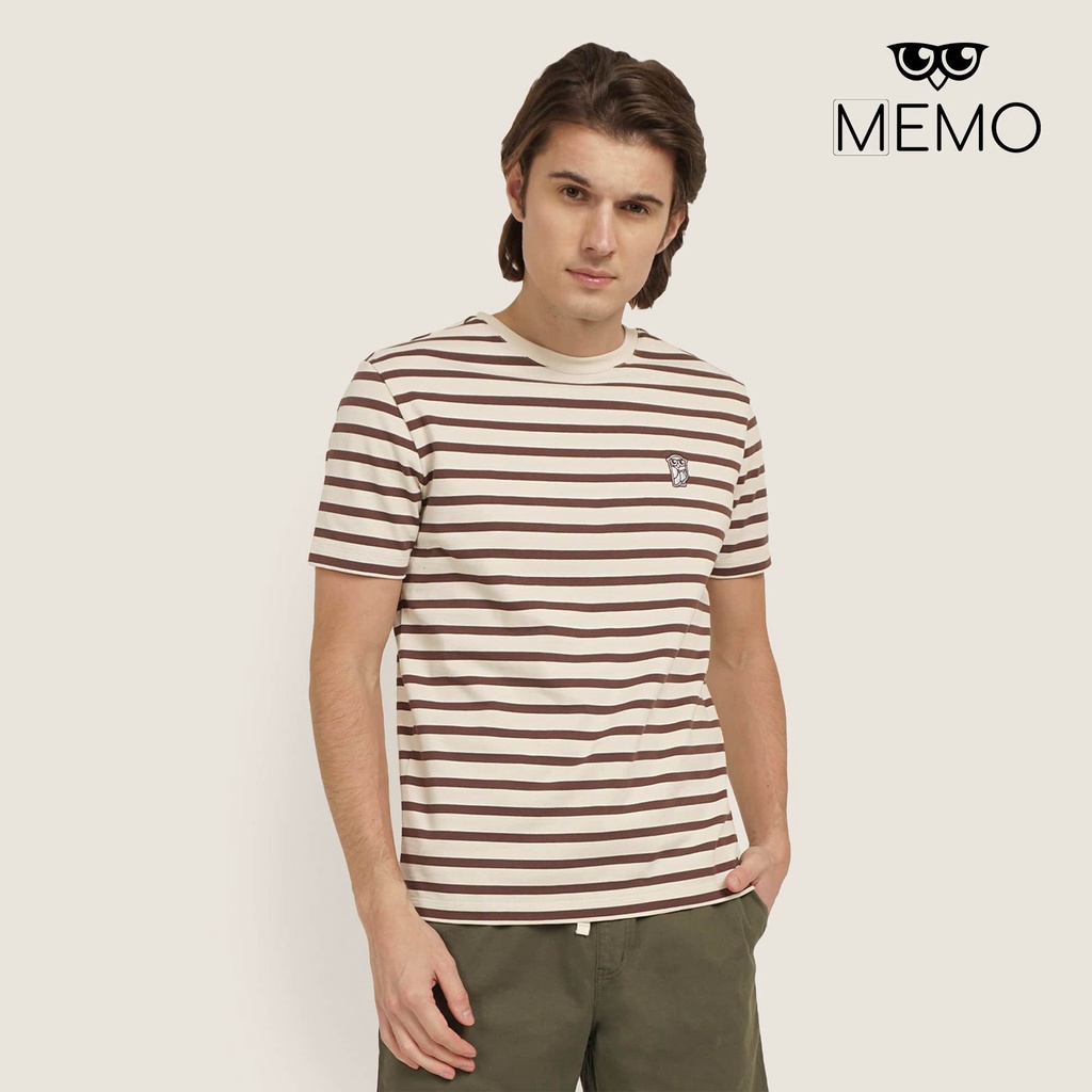 Memo Memorandum Striped TShirt With Owl Embroidery For Men (Tan