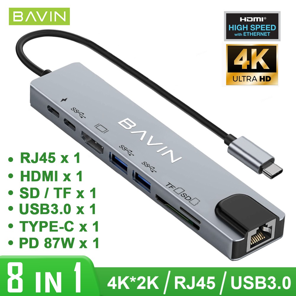 BAVIN I4 Hub Adapter, 8in1 USB C Adapter with Rj45 Port, 4K