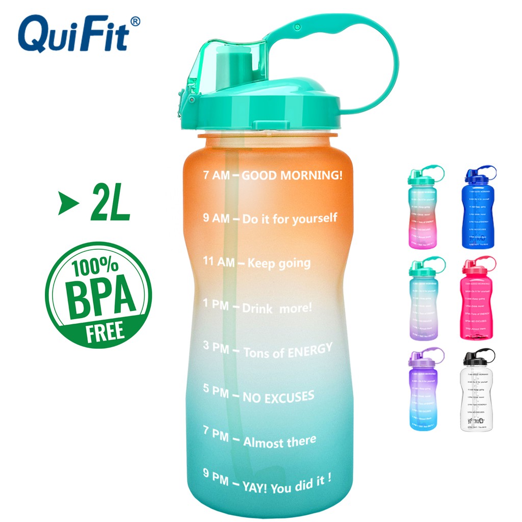QuiFit 2L Sport Water Bottle with Drinking Straw and Motivational Time