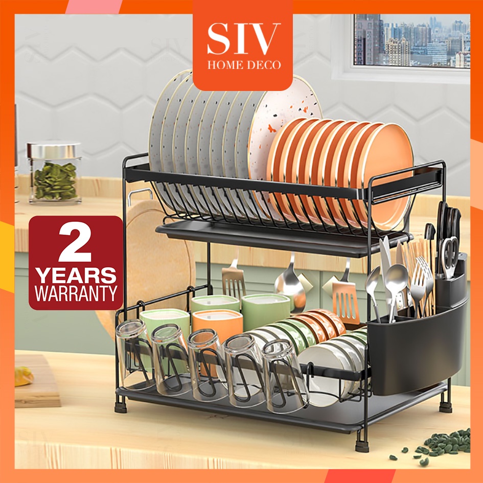 SIV 2Tier Kitchen Dish Drying Rack Stainless Dish Drainer With Utensil
