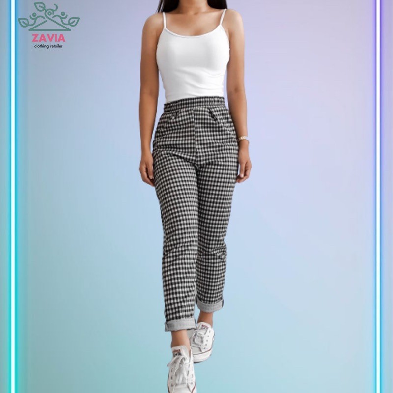 blue and white checkered pants