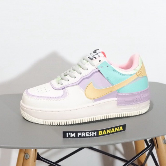 purple yellow and white air force ones