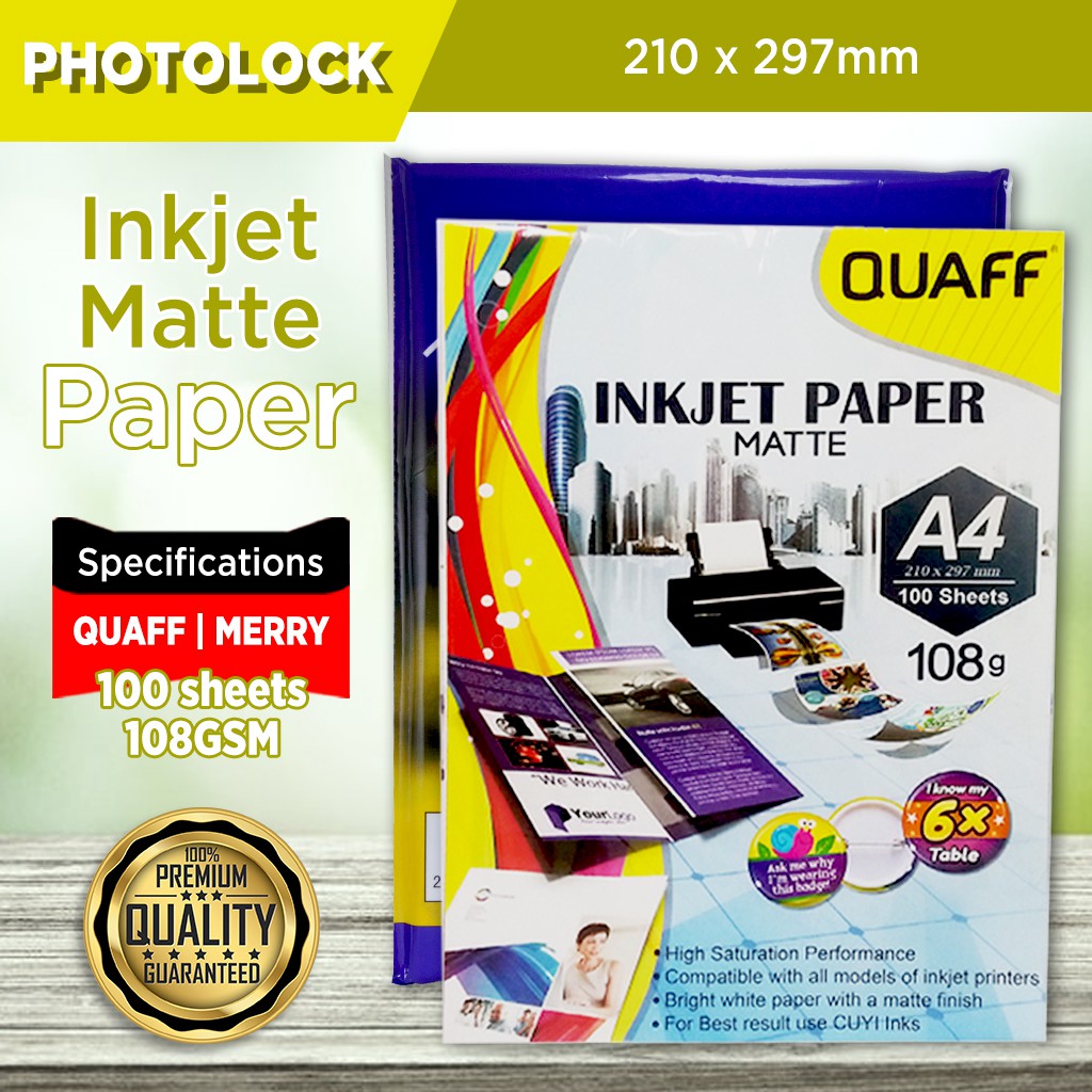 108gsm QUAFF Matte Inkjet Paper A4 Size Merry 108gsm Matte Inkjet Paper A4 (100 sheets / pack