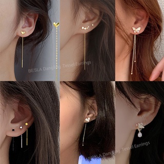 Long Chain Tassel Earrings Simple Sliver Piercing Earings Black Silver Dangling Earrings for Women Ladies Fashion Accessories BESLA