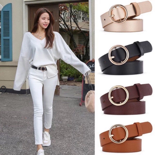 Arturo B3 Korean Style Women Belt Vintage Metal Boho Leather Round Buckle Waist Belt