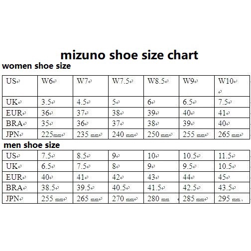 mizuno women's shoe size chart