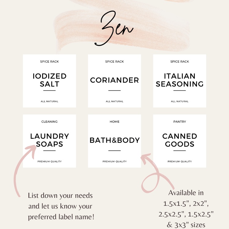 Zen Pantry Labels [sold by 3s/6s] Waterproof High Quality Vinyl
