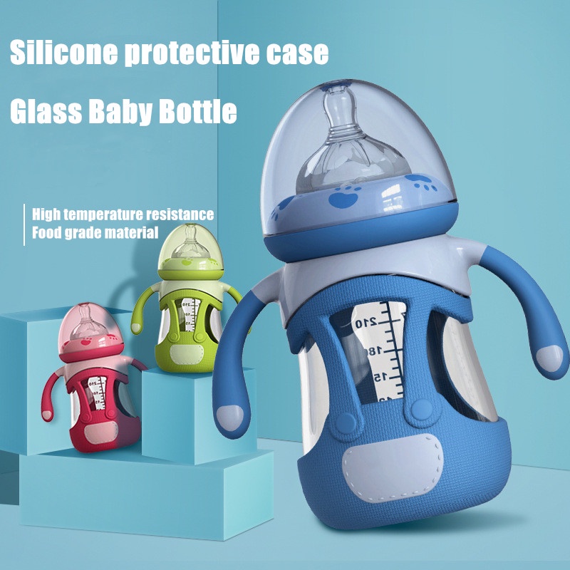 Glass Baby Bottle Wide Neck Milk Anti Colic With Silicone Protective