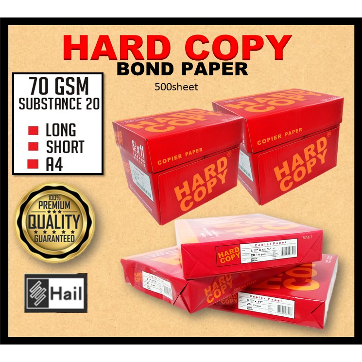 HARD COPY BOND PAPER 70GSM (Short/A4/Long) 500 sheets Shopee Philippines