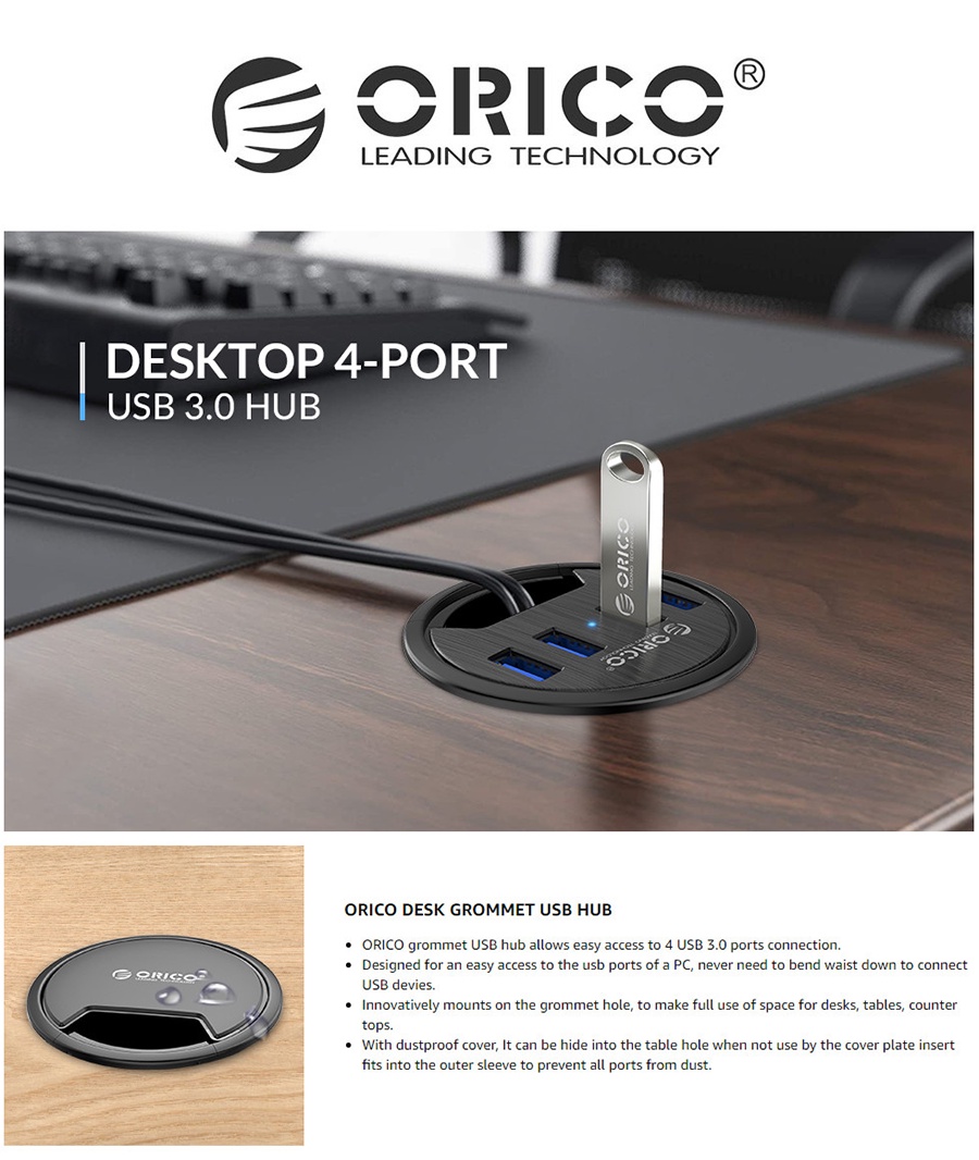 ORICO USB 3.0 Hub with Long Cable Desktop Grommet USB 3.0 HUB With