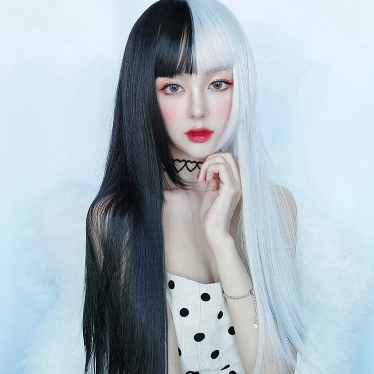 Women S See Through Bangs Black White Long Straight Hair Wig