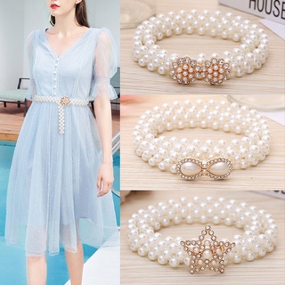 Women Ladies pearls Crystal beads chain belt stretchy flower buckle waistband