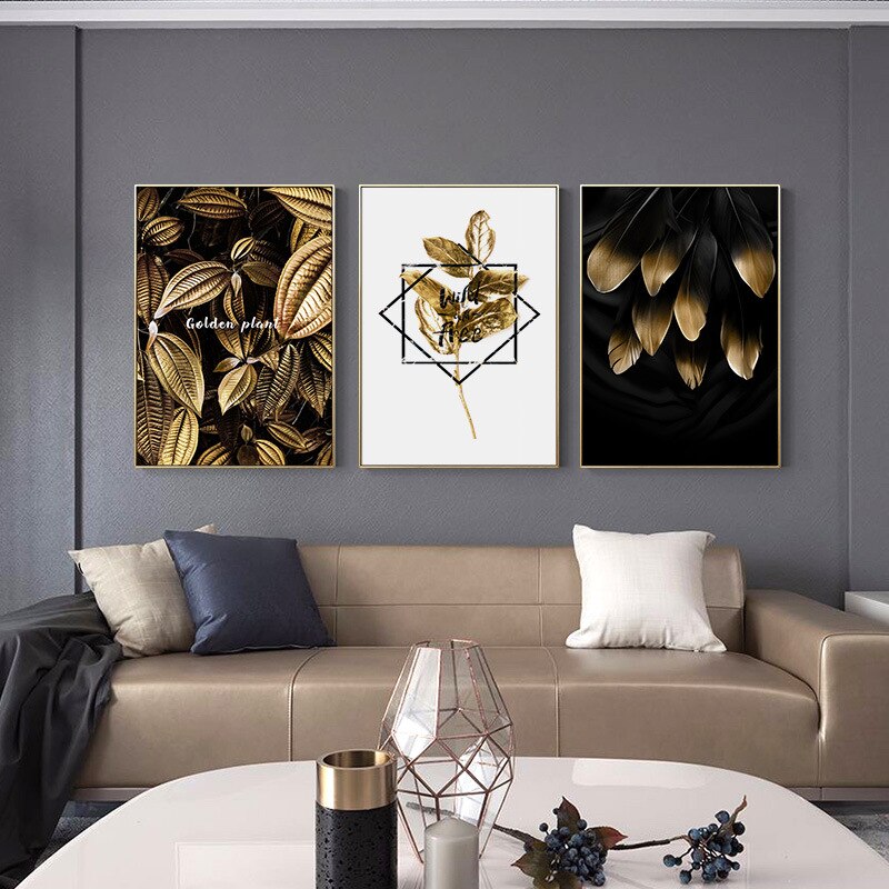 ZNYB Quadri Astratti Dipinti A Mano Abstract Golden Leaf Flower Wall Art Canvas Painting Nordic Nero Piume Bianche Poster Stampa Immagine da Parete per Living Room Decor 