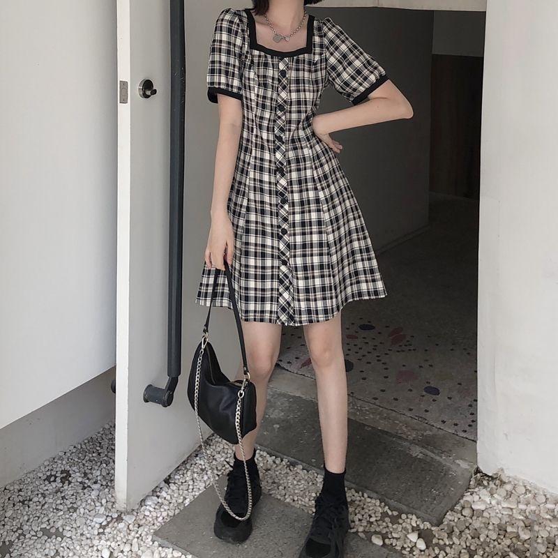 Women's Mini Dress A-Line Square Neck Puff Sleeve Short Plaid Dresses |  Shopee Philippines