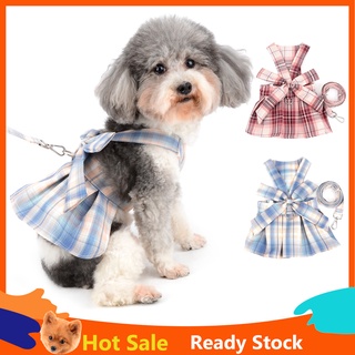 Dog Plaid Harness Dress and Leash Set Bow Puppy Princess Dress for Small Medium Dog Cat Girls Pet Japanese School Skirt with D-Ring Female Dog Clothes