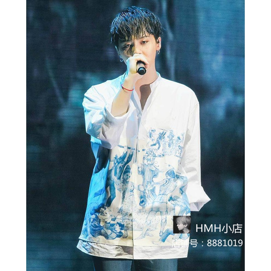 Bigbang Gd Blue Ethnic Print Long Sleeve White Shirt Shopee Philippines