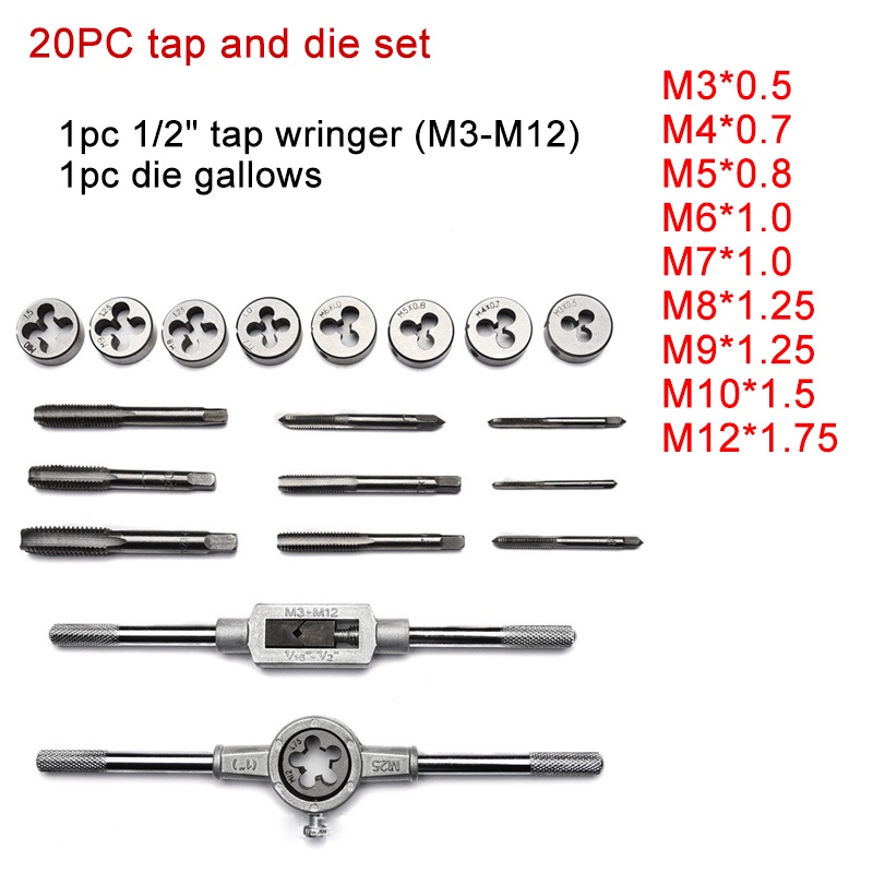 CASTA 20 PCS HSS Tap and Die Set Metric Wrench Cut M3-M12 Tap