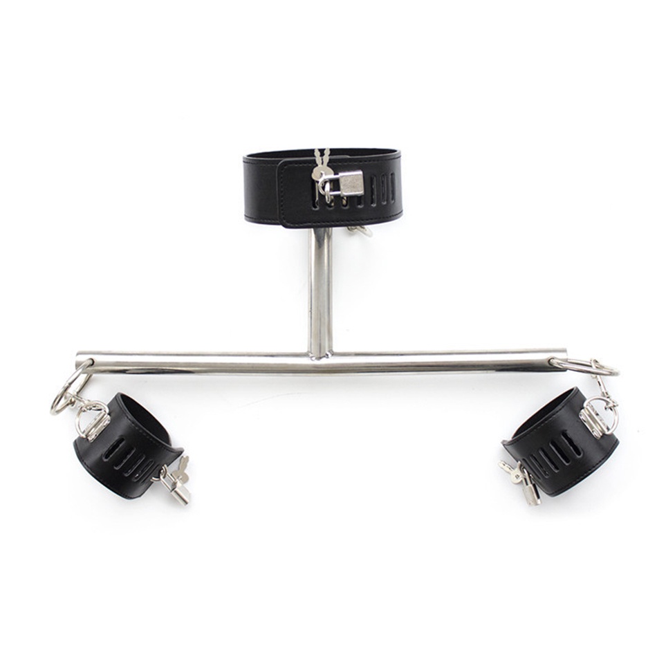 COWG Stainless Steel Metal Spreader Bar Leather Bondage Neck Collar Handcuffs SM Sex Slave Restraint