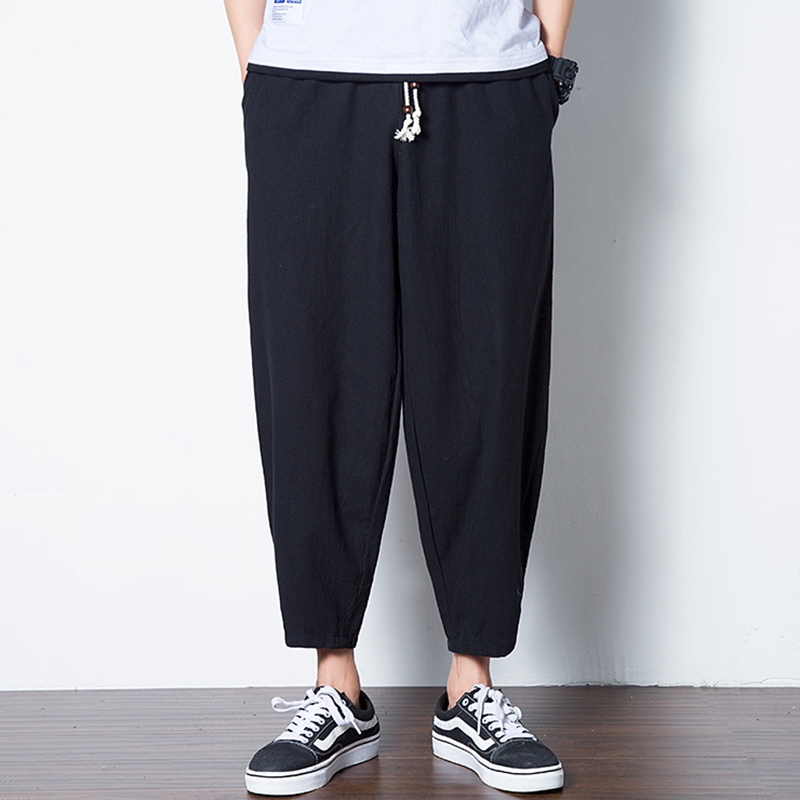 mens solid color baggy loose drawstring casual cotton harem pants