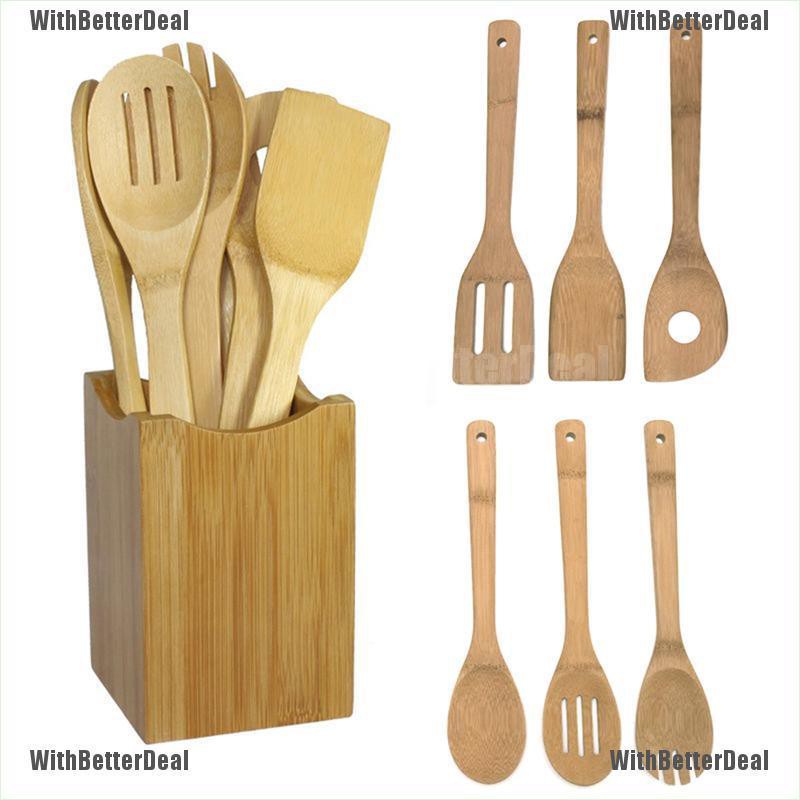 6x/Set Bamboo Utensil Kitchen Wooden Cooking Tools Spoon Spatula Mixing