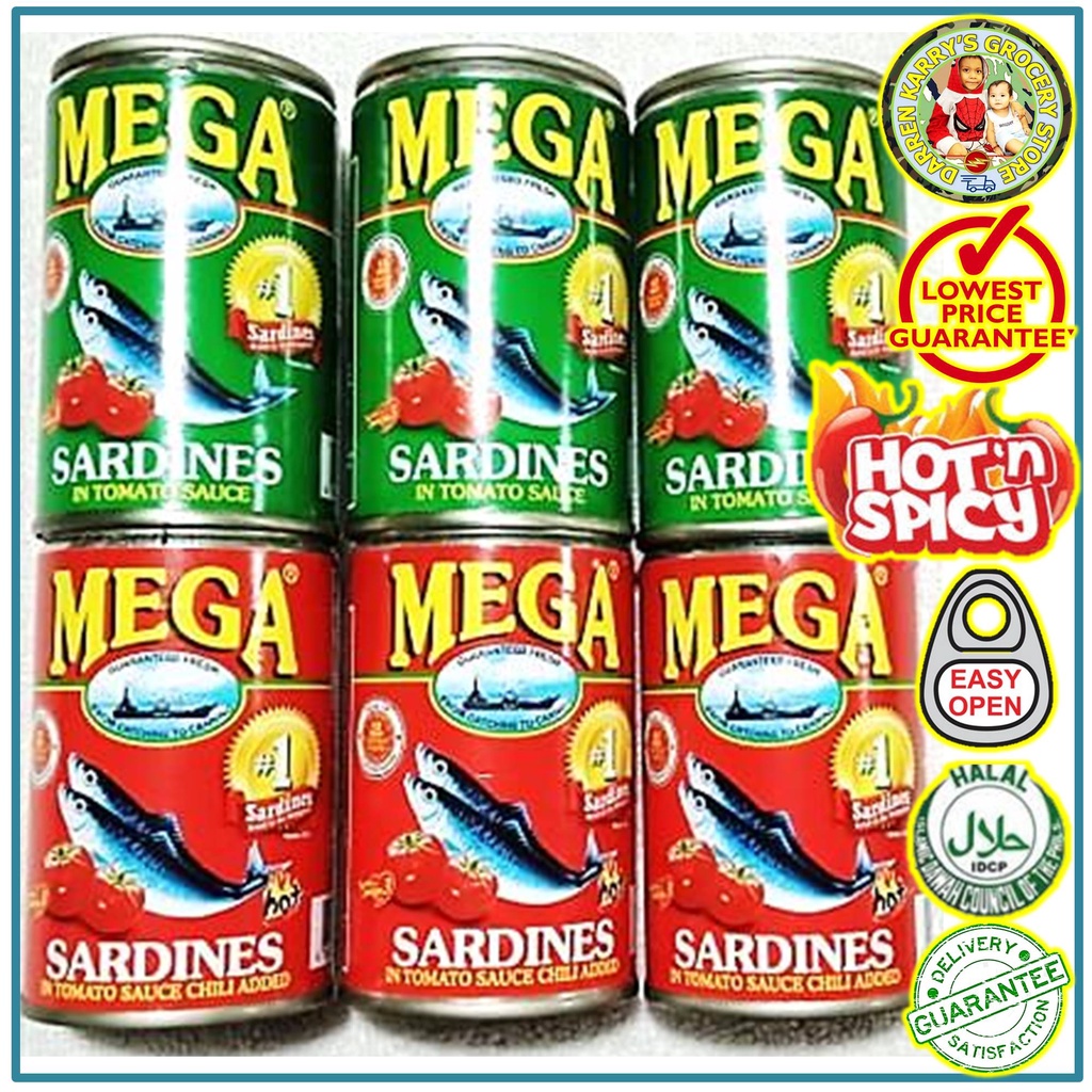 Mega Sardines In Tomato Sauce Total 6 Cans X 155gm 3 Pcs Green 3 Pcs Red With Chili Added