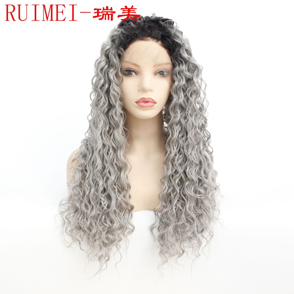 Women Long Full Wavy Front Lace Wig Afro Kinky Curly Natural Hair Wigs Grey Wig