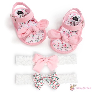 (Babygarden)-Baby Girl’s Cotton Shoes and 2Pcs Headband Floral Stripe Soft Sole Sandals #6