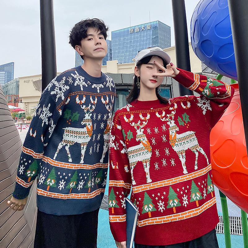 Men Christmas Elk Print Striped Loose Sweatshirt Clothes Couples Lover Suit 