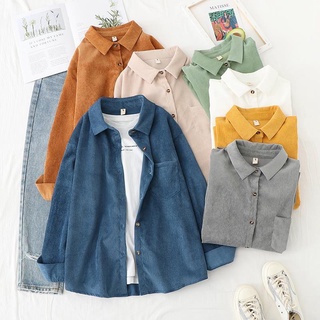 GINNIE Ready Stock Free Shipping Fast 2022 Spring New Style Vintage Corduroy Shirt Women Jacket Hong Kong ins Loose Striped Long Sleeve Outer #3