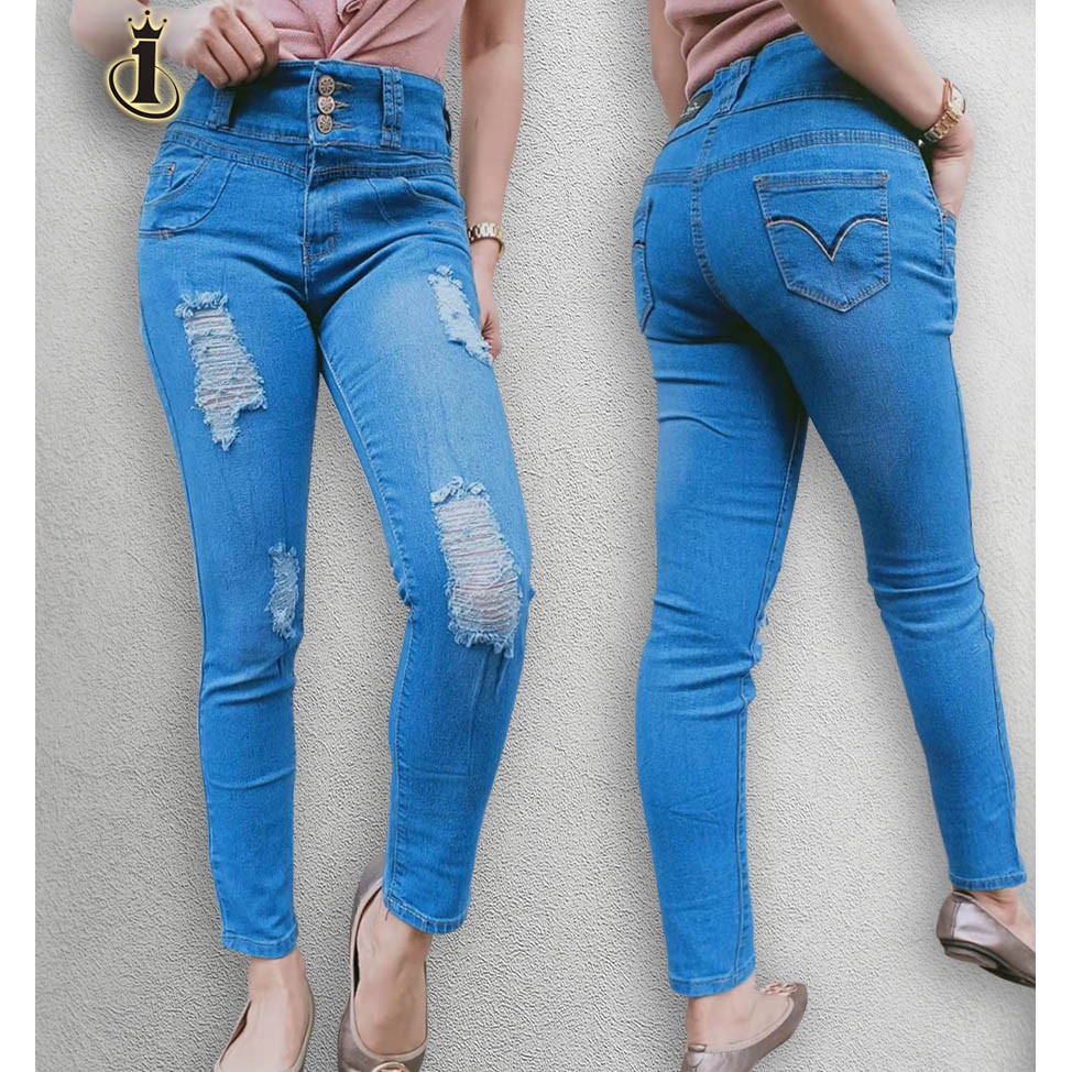 High Waist 3 Button Woman Jeans Tattered Pants Sking Stretchable Babae ...