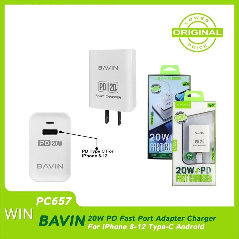Bavin PC657 20W PD Fast Port Adapter Charger For iphone 812 TypeC