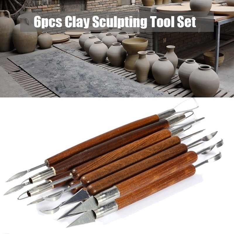 6Pcs/Set Wooden Handle Clay Wood Sculpting Tools Smoothing Wax Carving