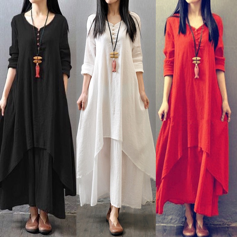 Women Long Sleeve White Linen Beach Long Maxi Dress Plus Size Casual ...