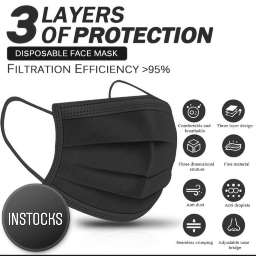 BS COD 50 pcs Disposable Black Face Mask Surgical with Box K28